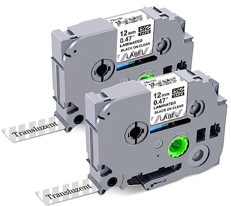 Meritom 2x Kompatibel P-touch Schriftband für Brother P-touch Tze-131 Tz131 Clear Bänder 12mm, Schwarz auf Transparent Tz Tape 12mm 0.47 Laminated für Brother P-touch D200 H101c 1010 E110 H110 H105