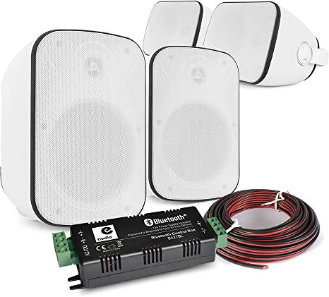 Power Dynamics Outdoor Garden Sound System – 4 Weatherproof BD50W White Patio Speakers with Bluetooth Amplifier & Mounting Brackets – Complete Outdoor Speaker System for BBQ & Parties