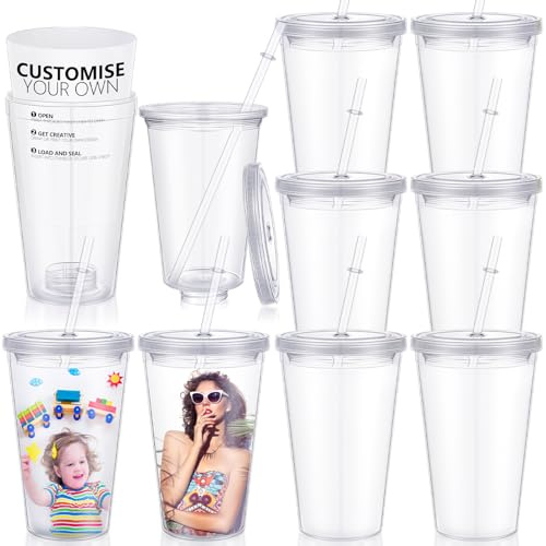 Vesici 8 Pcs Customizable Paper Insert Insulated Double Wall Cup 16 oz Clear Acrylic Reusable Cups with Lids Straw DIY Cardboard Large Capacity Customized Cup for Iced Coffee Cold Hot Drinks