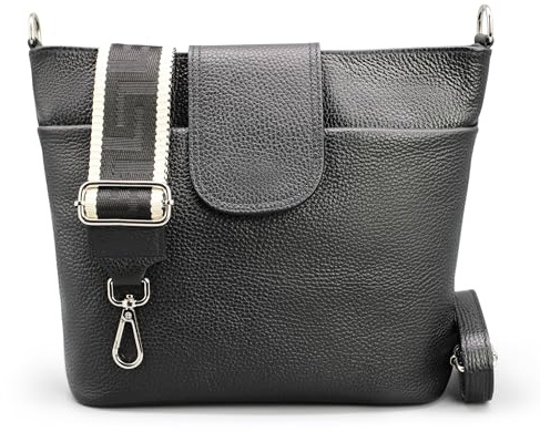 Brise Art Umhängetasche Damen Echtes Leder ELLIE Handgemachte Crossbody Bag mit Ledergurt + Optionalen Breiten Gemusterten Riemen 6 Fächer Wasserdichte Schultertasche Made in Italy (Schwarz - 3)