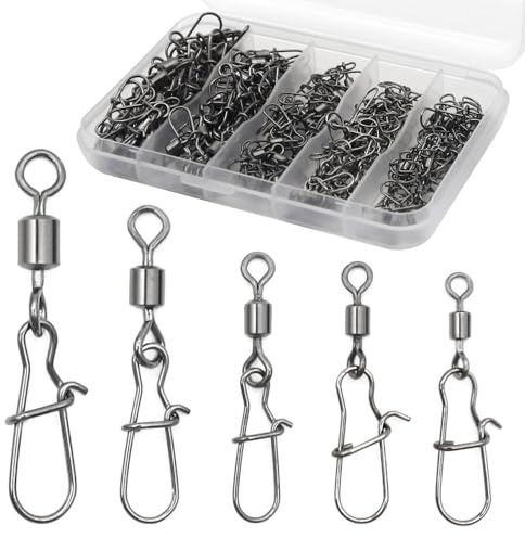 Aoyswuz 125 Pcs Duo Lock Snaps Swivels With Box Rolling Fishing Swivels and Clips 4# 6# 8# 10# 12# Duo Lock Fishing Clip for Lure Swivels and Line