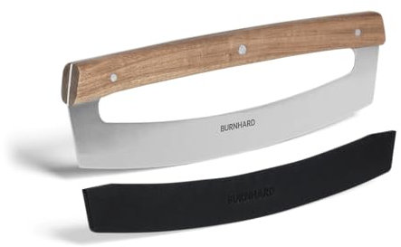 BURNHARD Pizzaschneider aus Klingenstahl, Wiegemesser, 35,5 cm Klinge, Pizzamesser inkl. Klingenschutz, scharfer Pizza Cutter ohne Zerdrücken, Akazienholzgriff