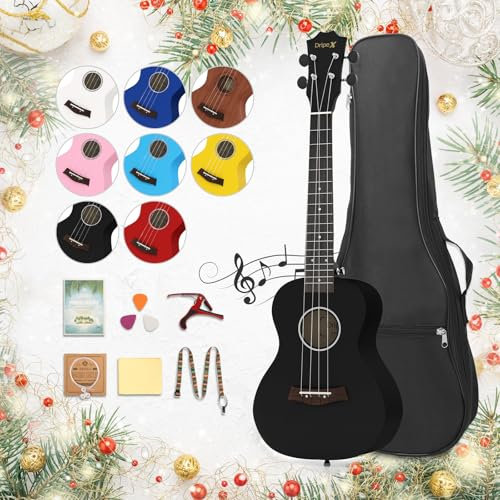 Dripex 23 Zoll Konzert Ukulele Set - Kleine Gitarre Kit für Erwachsene und Kinder, Anfänger Mit Tasche, Tuner, Gurt, Bedienungsanleitung, Saite (Schwarz)