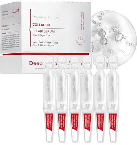 Triple Collagen & Hyaluronic Acid Serum, Collagen Hyaluronic Acid Moisturiser, Single-Use Vials Anti Aging & Smooth Wrinkle, Skincare For All Skin Type 30x1.5ml Ampoules