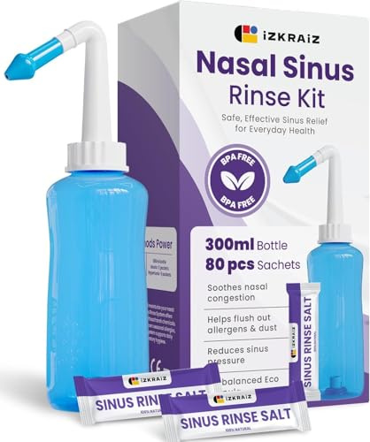 Nasal Rinse Kit – 300ml Neti Pot Bottle + 80 Saline Packets – Sinus Rinse System for Adults & Kids – Natural, Drug-Free, PH Balanced Nasal Wash for Allergy & Cold Relief