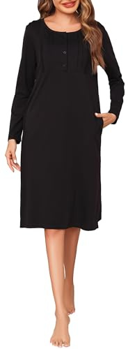 Wikoan Camisones para Mujer Algodón Ropa De Dormir para Mujer Cuello en Redondo de Dormir con Bolsillos Negro,XXL
