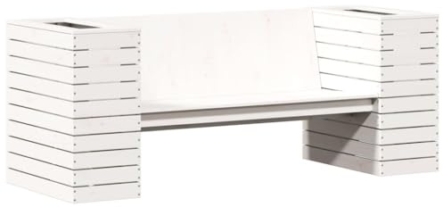Elegante banco blanco de 167,5 x 60 x 65 cm, muebles de jardín de madera de pino maciza duradera, asiento al aire libre con caja de flores, resistente a la intemperie, decoración de patio para jardín