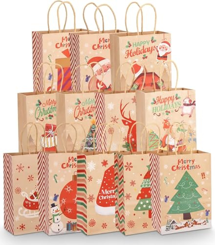 Xaosin Pequeñas bolsas de regalo de Navidad, 12 unidades, 12 diseños diferentes, papel de estraza con asa, para regalos, suministros de fiesta (21 x 15 x 8 cm)