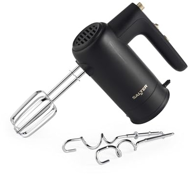 Salter Alchemy Easy-Store Hand Mixer – 5 Speed Settings & Turbo, 300W Power, Eject Function, Storage Base Included, Chrome Accessories, Beaters & Dough Hooks, FSC, Bread/Cakes/Cookies, Black