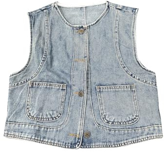 Allegra K Femme Gilet en Jean sans Manches Col Rond Boutonné Décontracté | Deux Poches devant Style Rétro Mélange Coton Doux Bureau École Voyage Quotidien Maison