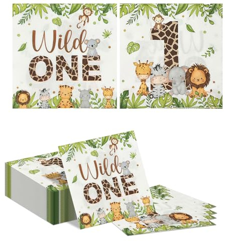 Tapufitil 40 Servilletas para Primer Cumpleaños, Motivo De Animales De La Selva con Jirafa, Servilletas De Papel De 33x33cm Desechables para Fiesta Infantil Y Decoración