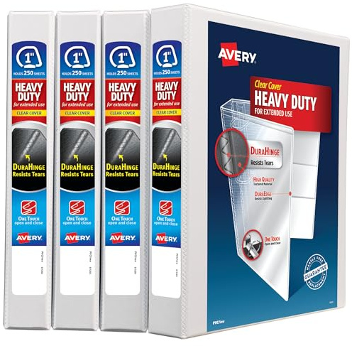 Avery Heavy Duty View 3 Ring Binders, 1 One Touch Slant Ring, 250-Sheet Capacity, 1.4 Inch Wide Spine, Great for Home, School Supplies, Office, or Organization Needs, White Binders (4-Pack of 79780)