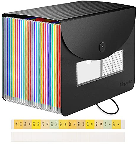 Uquelic Large Accordion File Organizer, Legal Size File Folder with 24 Pockets, Plastic Expanding File Organizer, Color Index& Elastic Strap for Legal/Letter/A4 Size Papers(Black)