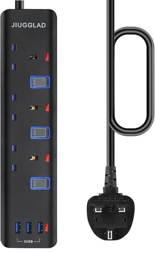 Extension Lead with USB Slots(3 USB), 1.8M Extension Cable, 3 Way Plug Extension Socket with Individual Switches, Wall Mount Extension Cord for Home, Office