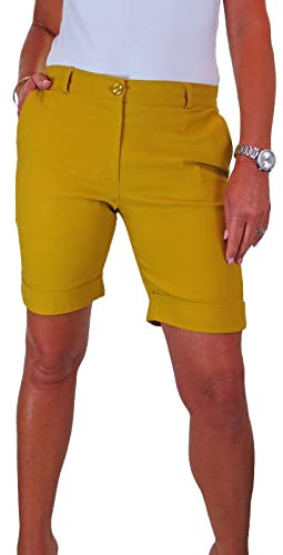icecoolfashion Womens Stretch Shorts with Pockets Above Knee Length Straight Leg Bermudas with Turn Up Cuffs Mustard Yellow 8-22 (12)