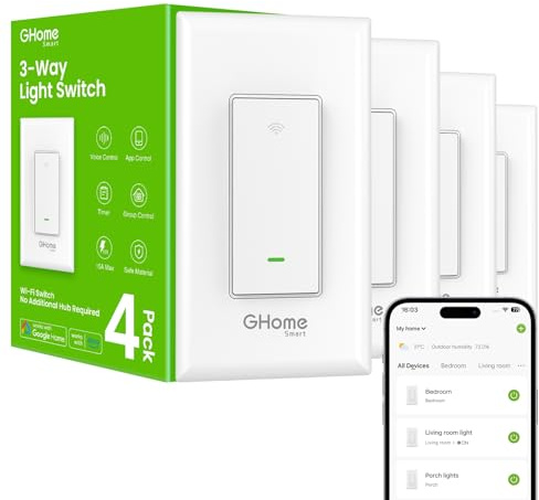 GHome Smart Switch, 3 Way Wi-Fi Light Switch Compatible with Alexa and Google Home, 2.4GHz Schedule Timer, Neutral Wire Required, 3-Way Installation, FCC Listed (4-Pack), White