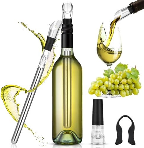 Cieex Juego de Enfriador de Botellas de Vino 3 en 1 Varilla Enfriadora Vino de Acero con Cortadora de Láminas et Tapón de Vino Regalos Amigo Invisible Regalo para los Amantes del Vino