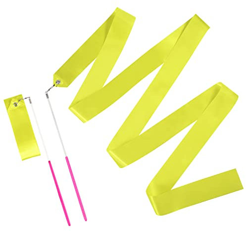 KINBOM 2pcs Dance Ribbons, 2m Kids Long Gymnastics Ribbon Twirling Ribbons Dancing Ribbon Streamers for Artistic Dance Training Party, with Ribbon Dancer Wand (Light Yellow)