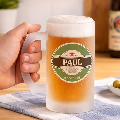 Wanapix | Jarra de Cerveza Personaliza con Nombre | Jarra de Cristal Esmerilado (Opaco) | 500 ml | Apta Lavavajillas | Diseño Marca Verde