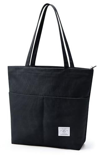 KALIDI Canvas Tasche Damen Handtasche mit Vorderen Taschen Umhängetasche Shopper Tasche Damen Groß Schultertasche für Schule Arbeit Einkauf Alltag Reisen