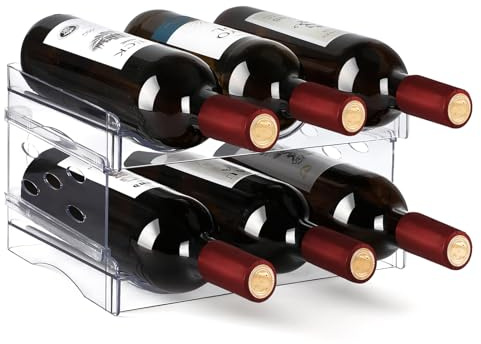 EZ COZY Wine Rack, 2 Tier Water Bottle Organizer for Cabinet, Stackable Clear Wine Holder for Pantry, Refrigerator, Countertop Organization (6 Bottles)