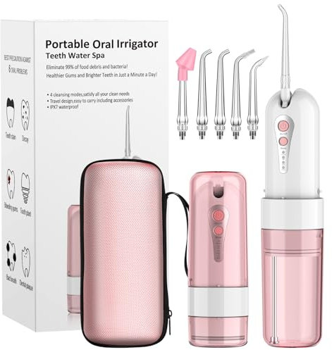 UODIR Irrigador Dental Inalámbrico, Irrigador Bucal Portátil y Mini, con Estuche de Almacenamiento, 4 Modos y 5 Boquillas, IPX7 a Prueba de Agua, Adecuado Para el Hogar y Viajes, Rosa