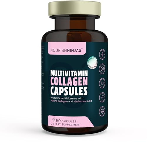 Nourish Ninjas Multivitamin Marine Collagen Capsules – 60 Count Nutritional Supplements with Hyaluronic Acid, Vitamin C, Zinc – Hydrolysed Collagen Collagen Capsules for Skin, Hair, Joint Support