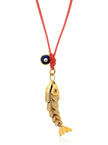 happymaker – Collier rouge pour femme avec pendentif poisson mobile et œil turc, bijou maritime, collier long en tissu avec pendentif, taille réglable, fait main en Allemagne