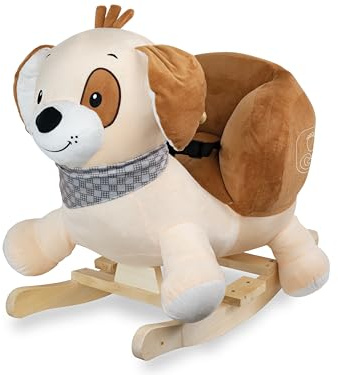 Teorema Giocattoli, Cavallo a Dondolo per Bambini a Tema Cagnolino, Morbido Cavalluccio per Bambini 1 Anno con Seduta Avvolgente e Cintura di Sicurezza, Gioco Prima Infanzia in Peluche e Legno