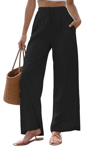 JiaYouLC Women Linen Trousers with Pockets Summer Wide Leg Casual Pants High Waisted Drawstring Trousers for Sports Running Joggers