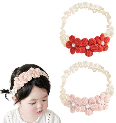 Flores diademas bebe, suave lazos pelo bebe, diadema elástica, apta para bebés y recién nacidos (color beige, rojo).
