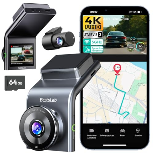 BOTSLAB 4K Dashcam Voiture GPS, Dashcam Voiture Avant Arrière avec Carte SD 64GB, 5G WiFi Camera Voiture Grand Angle 170°, Vision Nocturne,WDR,G-Capteur,Mode Stationnement24H, Enregistrement en Boucle