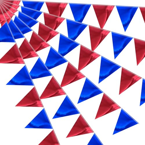 64ft Red Blue Triangle Pennant Banner Flag Metallic Paper Bunting Garland for Hanging Backdrop Birthday Party Decorations Graduation Bachelorette Bridal Wedding Baby Shower Party Supplies