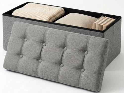 edihome, Puff Almacenaje Plegable, (38 x 110 x 38 cm), Baul, Otomana con Tapa – Banco de Tela Organizador y Asiento para Dormitorio y Pie de Cama (Gris Claro, 38 x 110 x 38 cm)