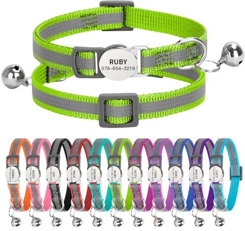 Personalised Reflective Cat Collar with Name Tag,Quick Release Kitten Collars with Bell Safety Buckle, Adjustable Nylon Cat Collar for Cats Kittens UK Prime (19–30 cm, Green Strip)