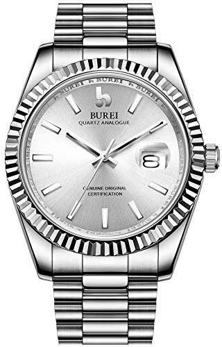 BUREI Luxus Herrenuhr Analog Quarzuhr Datumsanzeige mit Saphirglas Leuchtend und Edelstahlarmband (Silber)