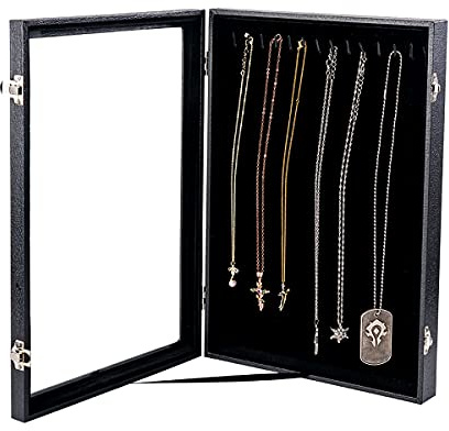 Kanwoder Vertical Necklace Holder Organizer,Necklace Storage,Necklace Organizer Box,Jewelry Tray with Glass Lid (Black Velvet)