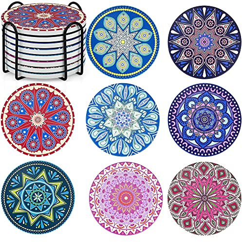 Untersetzer Getränke-8er Set, runde Saugfähig Kork Keramik Glasuntersetzer mit Metallhalter Mandala-Untersetzer Set für Tassen, Einweihungsgeschenk zum Geburtstag Küche Wohnzimmer Dekoratio – 4 Zoll