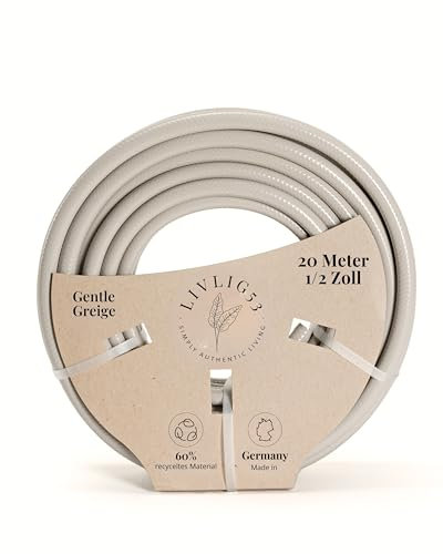 LIVLIG Gartenschlauch 20m, Gartenschlauch 1/2 Zoll Made in Germany, Wasserschlauch 20m aus recyceltem PVC, formstabil, Farbe: Greige