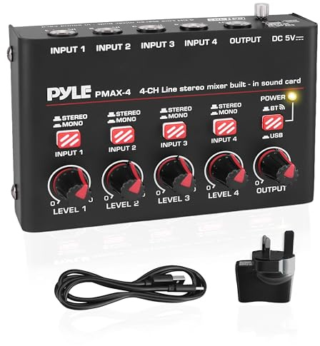 Pyle 4-Channel Bluetooth Mini Line Mixer with USB Audio Interface - 4 Mono/Stereo Switching Inputs | Ultra-low Noise Design with High Headroom | Built-in USB-C Sound Card - PMAX4