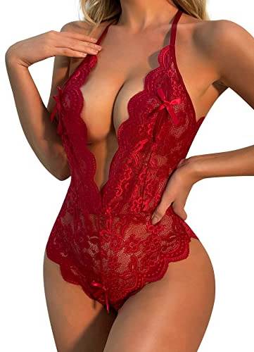 ROSVAJFY Women's Lace Bodysuit Sexy Lingerie One Piece Teddy Underwear Deep V Transparent Bodysuit Halter Leotard Naughty Sleepwear Backless Negligee for Valentine’s Day (Red)