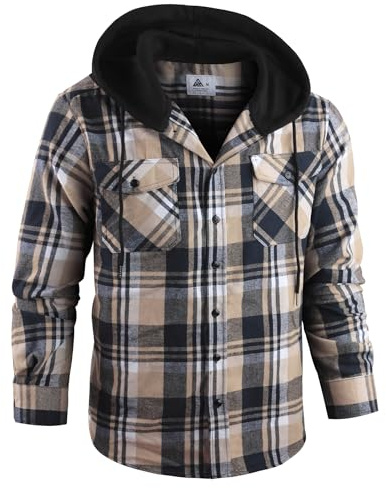 GEEK LIGHTING Men's Plaid Shirt Checked Shirts Mens Flannel Shirt Button Down Long Sleeve with Drawstring Casual Double Chest Pockets Classic Shirt Jacket L Beige Blue