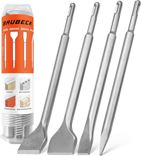 BAUBECK Meißel Set für Beton & Mauerwerk - SDS Plus - LONG LIFE [4tlg] - 250mm lang, angewinkelt und gerade - SDS Plus Meißel Set SDS Meißel Set Meißel SDS Plus