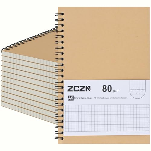ZCZN 12 Blocs Cahier à Spirale A5 Kraft 60 Feuillets / 120 Pages par Blocs，Carnet à grille a5，Carnet de Notes à Spirale Reliure Double Spirale，80 g/m²，Bloc Note Carnet Dessin，120 Pages Petits Carreaux
