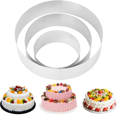 Cake Ring, 3 Packs Round Cookie Cutter Set, Food-Safe Stainless Steel Biscuit Cutters, 7.87/5.9/3.94 Inch for Baking Cooking Crumpets Eggs Pastry Mousse Desserts (Silver - Round)