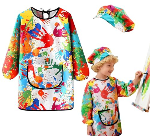 Ptyism Tablier Peinture Enfant(Avec un Chapeau) Tabliers Peinture Blouse丨Blouse Enfant Peinturepour la Peinture, la Cuisine, l'Alimentation, l'Artisanat, l'Argile