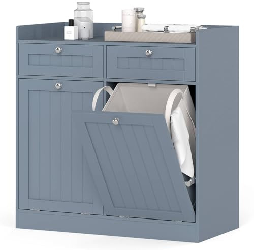 Multigot Single/Double Tilt-Out Laundry Cabinet, Clothes Storage Hamper with Drawer & Removable Bins, Freestanding Clothes Washing Storage Box for Bathroom Living Room (Grey, Double)