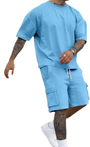 QUNERY Ensemble Ete Homme Survêtement 2 Pièces Tenues Jogging T-shirt + Short avec Poches Vacances Plage Costumes Bleu Ciel 3XL