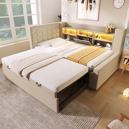 Miyemo Daybed with Pull Out Trundle, 3ft Upholstered Single Bed with Charging-Station & LED-Ambiance, for Living Room and Bedroom, 90 x 190 cm, Linen Fabric, Beige, (No Mattress)