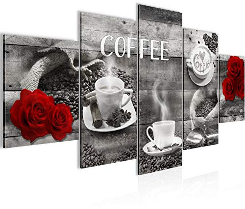 Runa Art Bild Esszimmer Küchenbilder Kaffee Küche 5 Teilig Kaffeetasse Grau Rot Wandbilder auf Vlies Leinwand 027153c